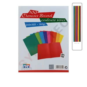 Paquet de 100 chemises bristol cartonnées couleurs vives 24 x 32 cm 160g Ribat